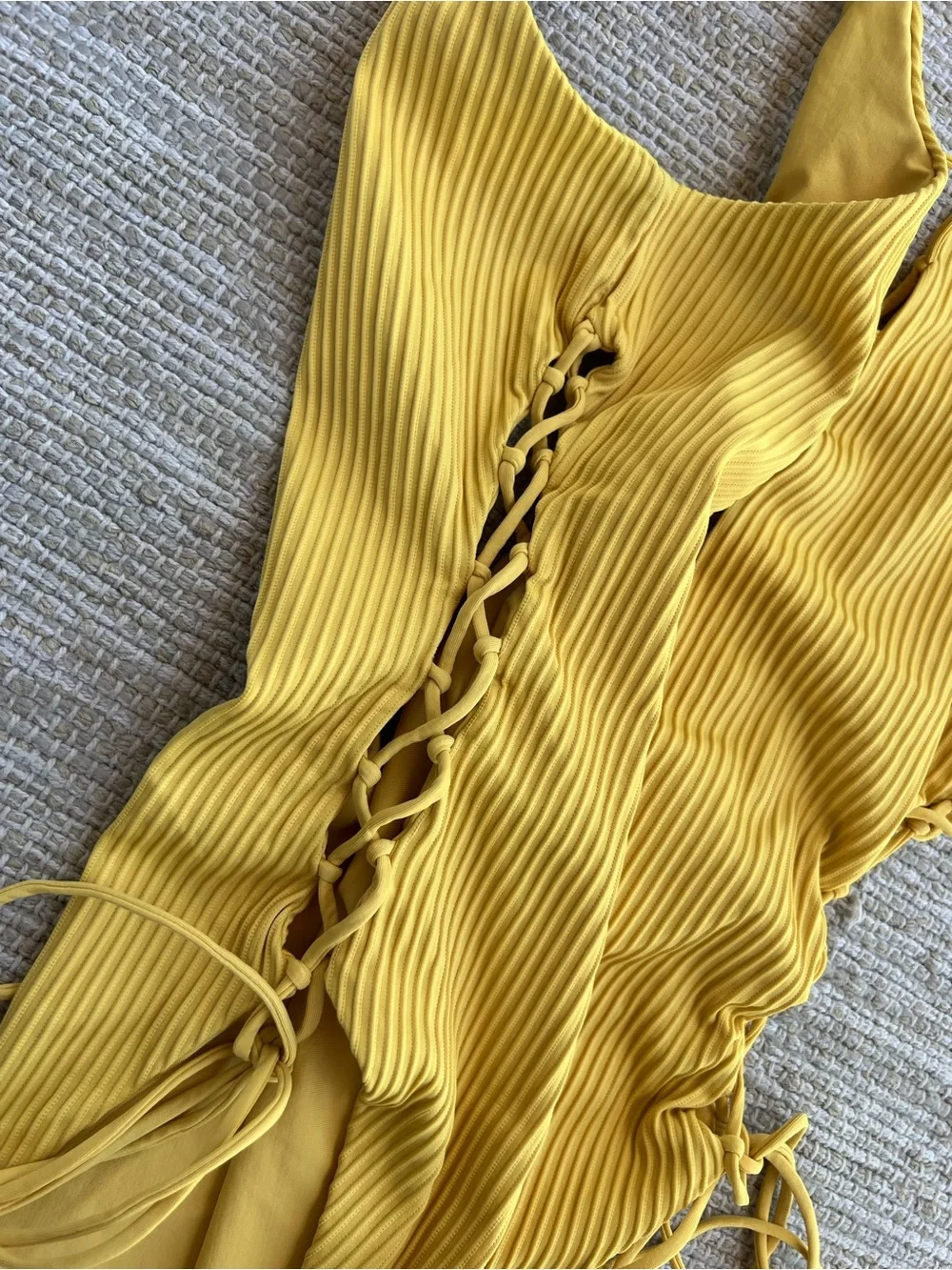Luli Fama Pura Curiosidad Open Side One Piece Ribbed Swimsuit Yellow Lace Up  M